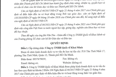 CHỨNG NHẬN ĐĂNG KÝ KINH DOANH DỊCH VỤ TƯ VẤN DU HỌC 